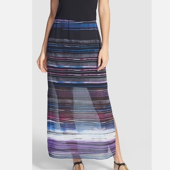 Vince Camuto Black and Multi Color Maxi Dress with Sheer Overlay - Picture 3 of 13